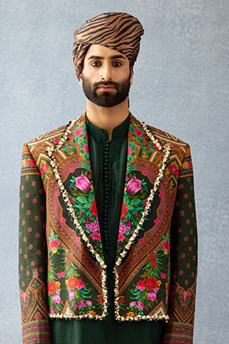 Buy_Torani_Green Jersey, Silk Embroidery Gardenia Print Jacket And Kurta Set_Online_at_Aza_Fashions