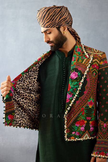 Torani_Green Jersey, Silk Embroidery Gardenia Print Jacket And Kurta Set_at_Aza_Fashions