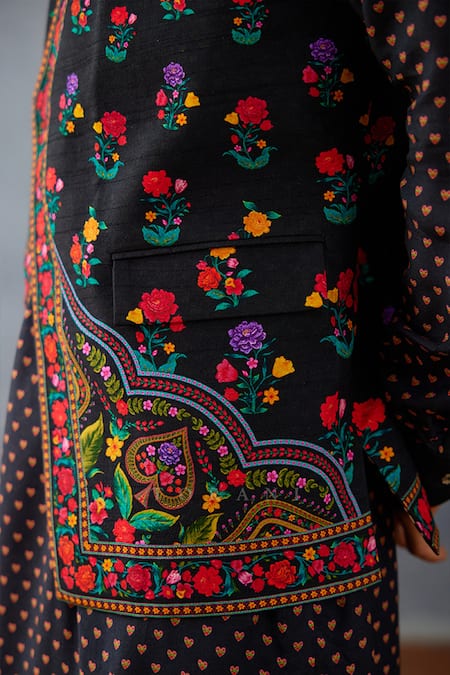 Torani Black Silk, Jersey Embroidery Gulnaaz Print Bundi Kurta Set at Aza Fashions Torani_Black Silk, Jersey Embroidery Gulnaaz Print Bundi Kurta Set _at_Aza_Fashions