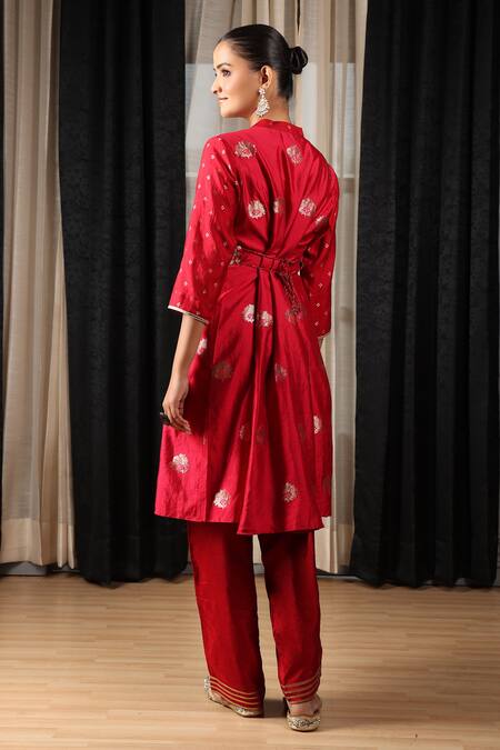 Shop House Of Supriya Red Silk, Viscose Lace, Embroidery Mandarin Floral Patterned Kurta Pant Set at Aza Fashions Shop_House Of Supriya_Red Silk, Viscose Lace, Embroidery Mandarin Floral Patterned Kurta Pant Set _at_Aza_Fashions