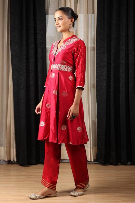 House Of Supriya Red Silk, Viscose Lace, Embroidery Mandarin Floral Patterned Kurta Pant Set Online at Aza Fashions House Of Supriya_Red Silk, Viscose Lace, Embroidery Mandarin Floral Patterned Kurta Pant Set _Online_at_Aza_Fashions