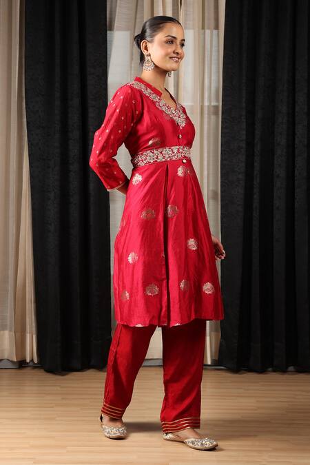 Buy House Of Supriya Red Silk, Viscose Lace, Embroidery Mandarin Floral Patterned Kurta Pant Set Online at Aza Fashions Buy_House Of Supriya_Red Silk, Viscose Lace, Embroidery Mandarin Floral Patterned Kurta Pant Set _Online_at_Aza_Fashions