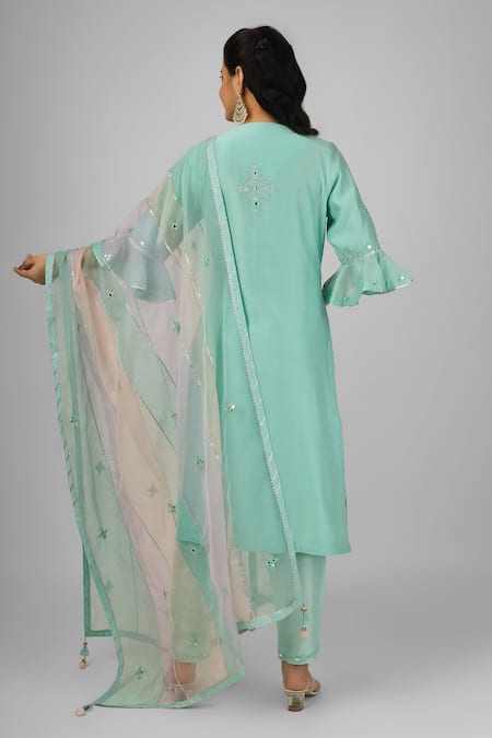 Shop_House Of Supriya_Green Silk, Chanderi, Viscose, Nylon Embroidery, Mirrors Floral Kurta Pant Set _at_Aza_Fashions