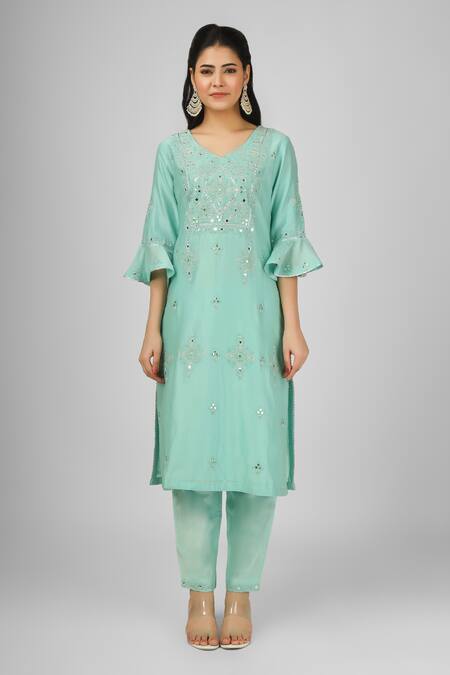 House Of Supriya_Green Silk, Chanderi, Viscose, Nylon Embroidery, Mirrors Floral Kurta Pant Set _Online_at_Aza_Fashions