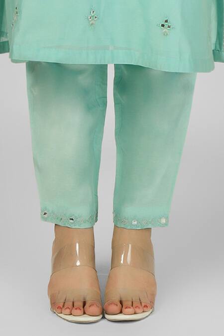 Shop_House Of Supriya_Green Silk, Chanderi, Viscose, Nylon Embroidery, Mirrors Floral Kurta Pant Set _Online_at_Aza_Fashions