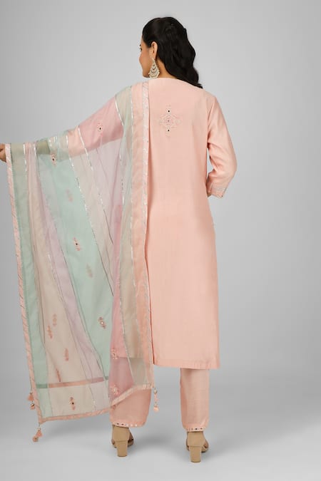 Shop House Of Supriya Peach Silk, Viscose, Nylon Embroidery, Mirrors Floral Thread Kurta Pant Set at Aza Fashions Shop_House Of Supriya_Peach Silk, Viscose, Nylon Embroidery, Mirrors Floral Thread Kurta Pant Set _at_Aza_Fashions