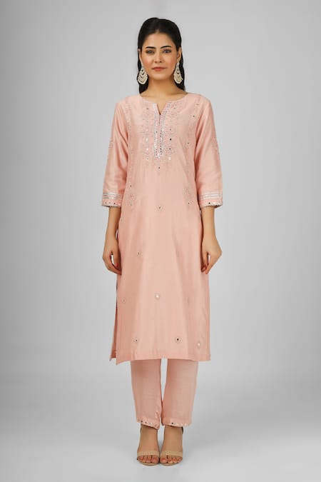 House Of Supriya Peach Silk, Viscose, Nylon Embroidery, Mirrors Floral Thread Kurta Pant Set Online at Aza Fashions House Of Supriya_Peach Silk, Viscose, Nylon Embroidery, Mirrors Floral Thread Kurta Pant Set _Online_at_Aza_Fashions
