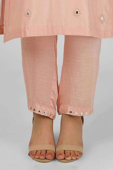 Shop House Of Supriya Peach Silk, Viscose, Nylon Embroidery, Mirrors Floral Thread Kurta Pant Set Online at Aza Fashions Shop_House Of Supriya_Peach Silk, Viscose, Nylon Embroidery, Mirrors Floral Thread Kurta Pant Set _Online_at_Aza_Fashions