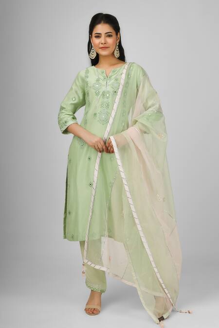 HOUSE OF SUPRIYA Green Kurta Silk Chanderi Embroidered Thread Floral Pant Set 