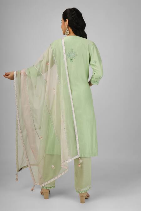 Shop House Of Supriya Green Silk, Chanderi, Viscose, Nylon, Organza Thread Floral Kurta Pant Set at Aza Fashions Shop_House Of Supriya_Green Silk, Chanderi, Viscose, Nylon, Organza Thread Floral Kurta Pant Set _at_Aza_Fashions
