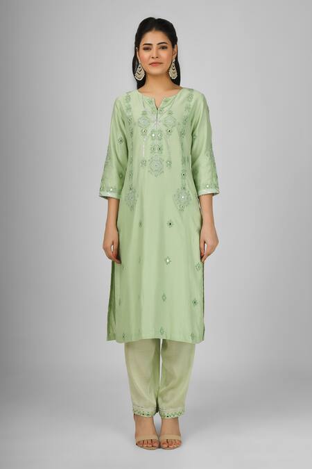 House Of Supriya Green Silk, Chanderi, Viscose, Nylon, Organza Thread Floral Kurta Pant Set Online at Aza Fashions House Of Supriya_Green Silk, Chanderi, Viscose, Nylon, Organza Thread Floral Kurta Pant Set _Online_at_Aza_Fashions