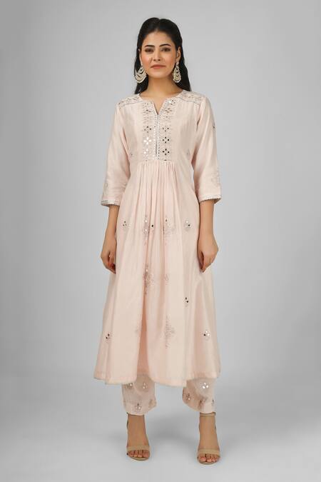 House Of Supriya_Peach Silk, Chanderi, Viscose, Nylon, Organza Gathered Kurta Pant Set _Online_at_Aza_Fashions