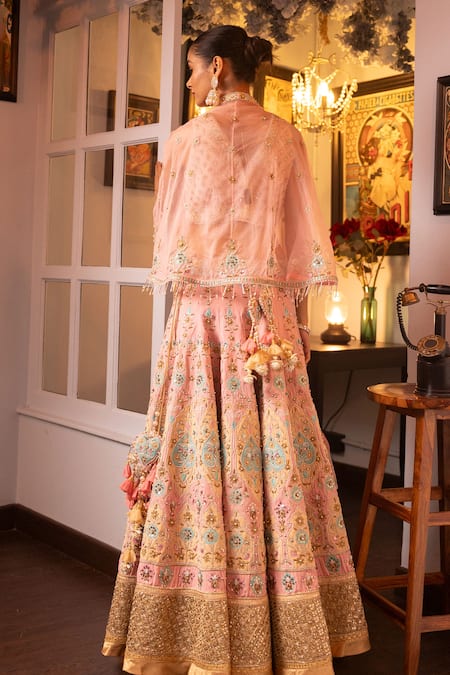 Shop House Of Supriya Pink Silk Pearls, Beads V-neck Thread Embroidered Lehenga Cape Set at Aza Fashions Shop_House Of Supriya_Pink Silk Pearls, Beads V-neck Thread Embroidered Lehenga Cape Set _at_Aza_Fashions