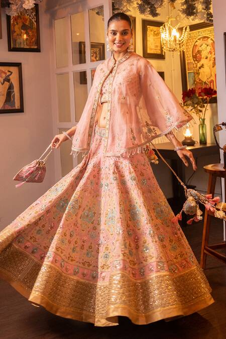 House Of Supriya Pink Silk Pearls, Beads V-neck Thread Embroidered Lehenga Cape Set Online at Aza Fashions House Of Supriya_Pink Silk Pearls, Beads V-neck Thread Embroidered Lehenga Cape Set _Online_at_Aza_Fashions