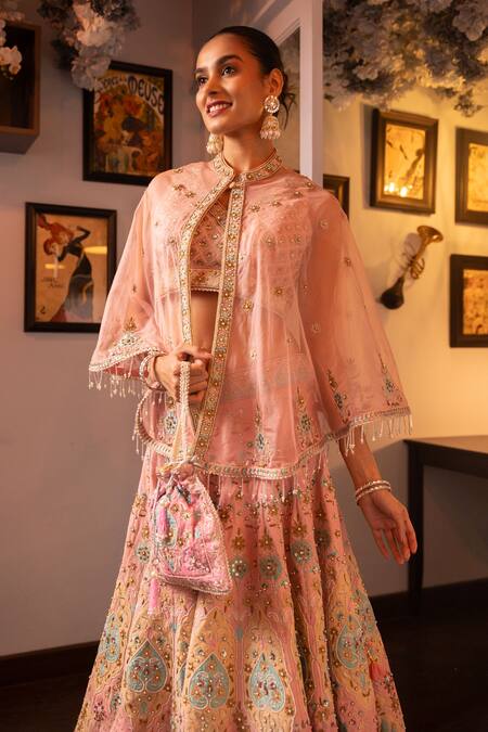Buy House Of Supriya Pink Silk Pearls, Beads V-neck Thread Embroidered Lehenga Cape Set Online at Aza Fashions Buy_House Of Supriya_Pink Silk Pearls, Beads V-neck Thread Embroidered Lehenga Cape Set _Online_at_Aza_Fashions