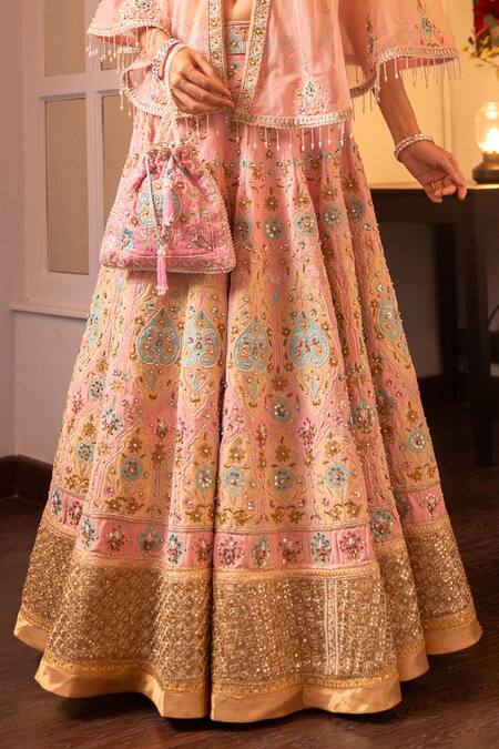 Shop House Of Supriya Pink Silk Pearls, Beads V-neck Thread Embroidered Lehenga Cape Set Online at Aza Fashions Shop_House Of Supriya_Pink Silk Pearls, Beads V-neck Thread Embroidered Lehenga Cape Set _Online_at_Aza_Fashions