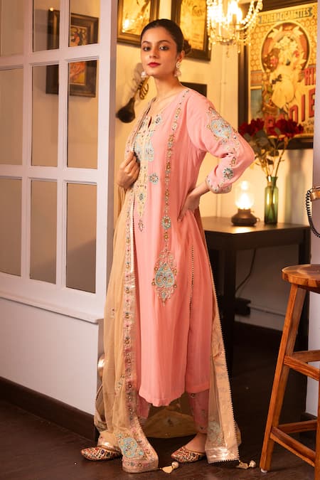 House Of Supriya_Pink Silk, Georgette, Organza, Viscose Pearls, Floral Heart Kurta Pant Set _Online_at_Aza_Fashions