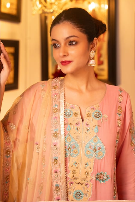 Buy_House Of Supriya_Pink Silk, Georgette, Organza, Viscose Pearls, Floral Heart Kurta Pant Set _Online_at_Aza_Fashions