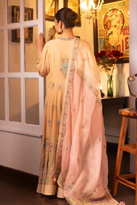 Shop House Of Supriya Beige Silk, Georgette, Organza Pearls, Beads, Floral Anarkali With Dupatta at Aza Fashions Shop_House Of Supriya_Beige Silk, Georgette, Organza Pearls, Beads, Floral Anarkali With Dupatta _at_Aza_Fashions