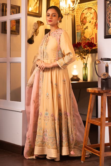 House Of Supriya Beige Silk, Georgette, Organza Pearls, Beads, Floral Anarkali With Dupatta Online at Aza Fashions House Of Supriya_Beige Silk, Georgette, Organza Pearls, Beads, Floral Anarkali With Dupatta _Online_at_Aza_Fashions
