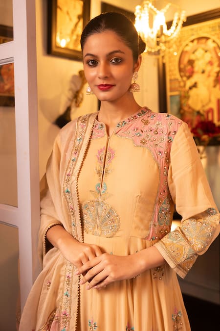 Buy House Of Supriya Beige Silk, Georgette, Organza Pearls, Beads, Floral Anarkali With Dupatta Online at Aza Fashions Buy_House Of Supriya_Beige Silk, Georgette, Organza Pearls, Beads, Floral Anarkali With Dupatta _Online_at_Aza_Fashions