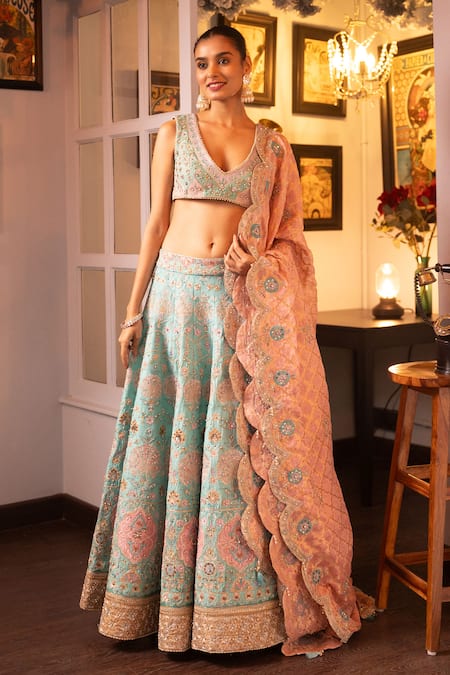 HOUSE OF SUPRIYA Blue Blouse Raw Silk Embroidered Blossom Pearl Bridal Lehenga Set 