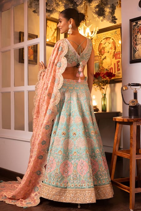 Shop House Of Supriya Blue , Organza, Handloom Cotton Pearls, Blossom Bridal Lehenga Set at Aza Fashions Shop_House Of Supriya_Blue , Organza, Handloom Cotton Pearls, Blossom Bridal Lehenga Set _at_Aza_Fashions