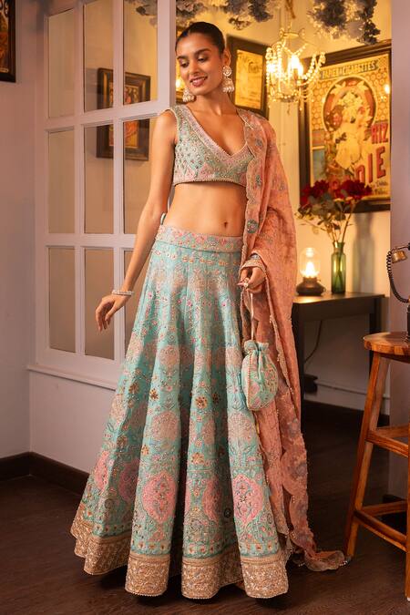 House Of Supriya Blue , Organza, Handloom Cotton Pearls, Blossom Bridal Lehenga Set Online at Aza Fashions House Of Supriya_Blue , Organza, Handloom Cotton Pearls, Blossom Bridal Lehenga Set _Online_at_Aza_Fashions