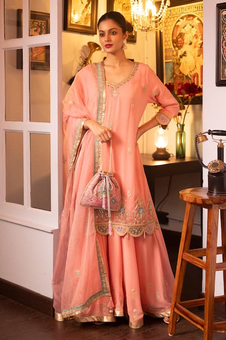 HOUSE OF SUPRIYA Pink Kurta And Sharara Silk Georgette Embroidered Thread Floral Set 