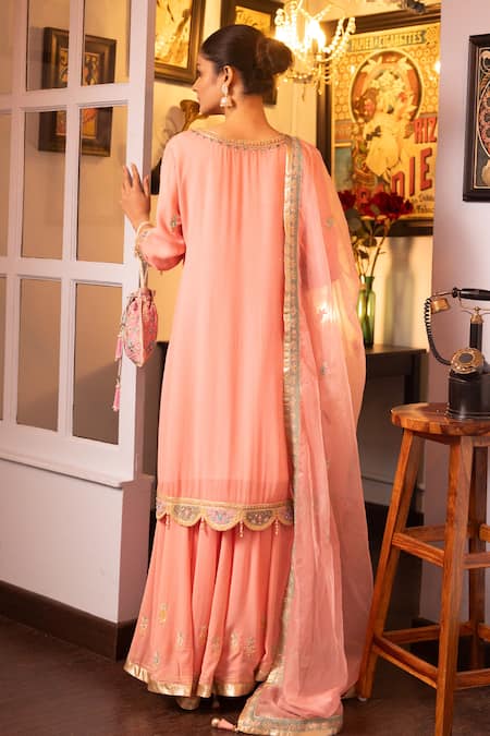 Shop House Of Supriya Pink Silk, Georgette, Organza Pearls, Beads, Floral Thread Kurta Sharara Set at Aza Fashions Shop_House Of Supriya_Pink Silk, Georgette, Organza Pearls, Beads, Floral Thread Kurta Sharara Set _at_Aza_Fashions