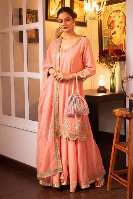 House Of Supriya Pink Silk, Georgette, Organza Pearls, Beads, Floral Thread Kurta Sharara Set Online at Aza Fashions House Of Supriya_Pink Silk, Georgette, Organza Pearls, Beads, Floral Thread Kurta Sharara Set _Online_at_Aza_Fashions