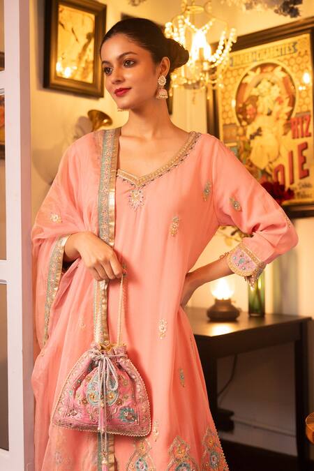 Buy House Of Supriya Pink Silk, Georgette, Organza Pearls, Beads, Floral Thread Kurta Sharara Set Online at Aza Fashions Buy_House Of Supriya_Pink Silk, Georgette, Organza Pearls, Beads, Floral Thread Kurta Sharara Set _Online_at_Aza_Fashions