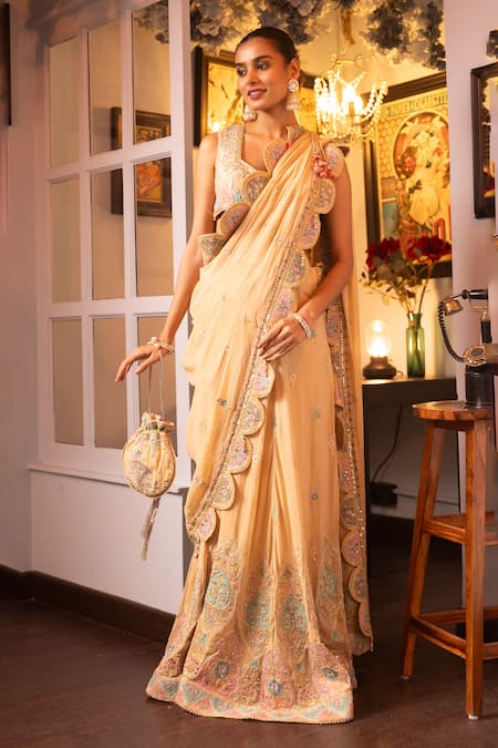 HOUSE OF SUPRIYA Beige Blouse Raw Silk Floral Scalloped Pre-draped Saree With 