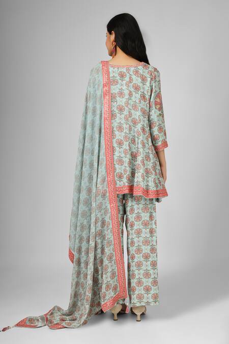 Shop_House Of Supriya_Blue Silk, Georgette Embroidery Collared Floral Print Short Kurta Pant Set _at_Aza_Fashions