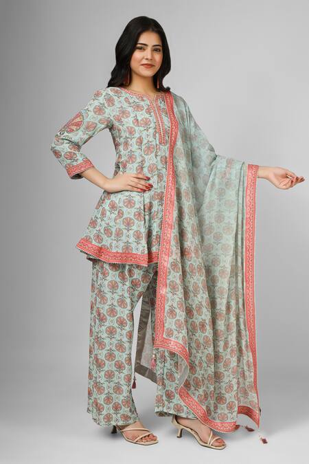 House Of Supriya_Blue Silk, Georgette Embroidery Collared Floral Print Short Kurta Pant Set _Online_at_Aza_Fashions