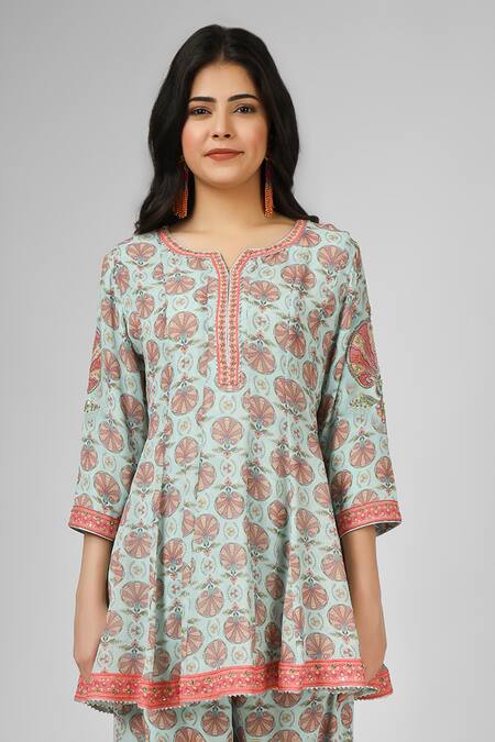 Buy_House Of Supriya_Blue Silk, Georgette Embroidery Collared Floral Print Short Kurta Pant Set _Online_at_Aza_Fashions