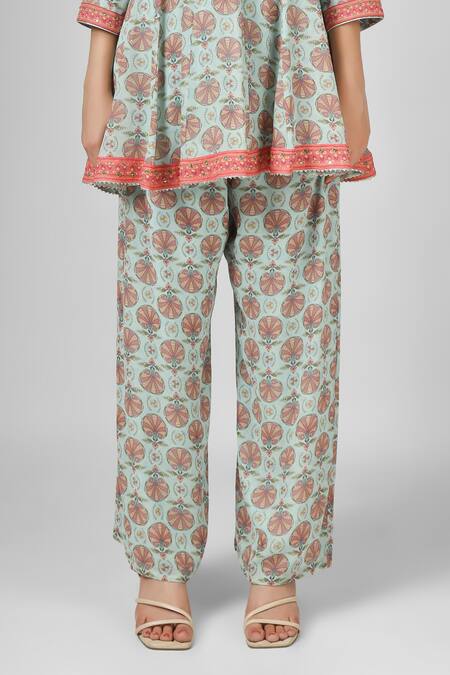 Shop_House Of Supriya_Blue Silk, Georgette Embroidery Collared Floral Print Short Kurta Pant Set _Online_at_Aza_Fashions