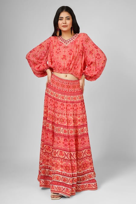 HOUSE OF SUPRIYA Pink Silk Georgette Print Floral Leaf Neck Top With Skirt 