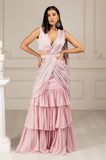 HOUSE OF SUPRIYA Pre-Draped Ruffle Saree With Embroidered Blouse 