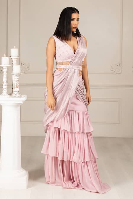 House Of Supriya Peach Organza, Silk, Georgette Embroidery, Pre-draped Ruffle Saree With Blouse Online at Aza Fashions House Of Supriya_Peach Organza, Silk, Georgette Embroidery, Pre-draped Ruffle Saree With Blouse _Online_at_Aza_Fashions