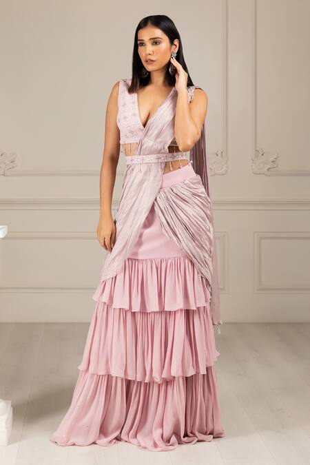 Buy House Of Supriya Peach Organza, Silk, Georgette Embroidery, Pre-draped Ruffle Saree With Blouse Online at Aza Fashions Buy_House Of Supriya_Peach Organza, Silk, Georgette Embroidery, Pre-draped Ruffle Saree With Blouse _Online_at_Aza_Fashions