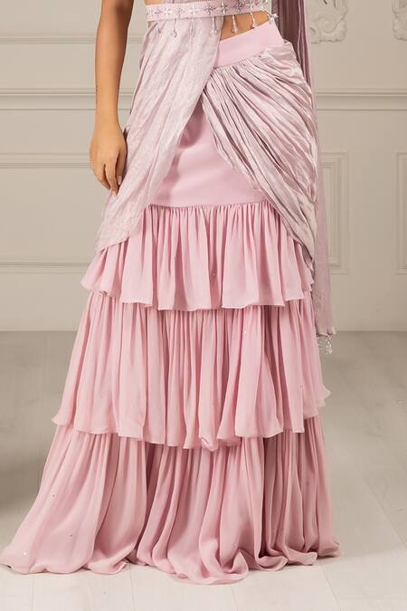 Shop House Of Supriya Peach Organza, Silk, Georgette Embroidery, Pre-draped Ruffle Saree With Blouse Online at Aza Fashions Shop_House Of Supriya_Peach Organza, Silk, Georgette Embroidery, Pre-draped Ruffle Saree With Blouse _Online_at_Aza_Fashions