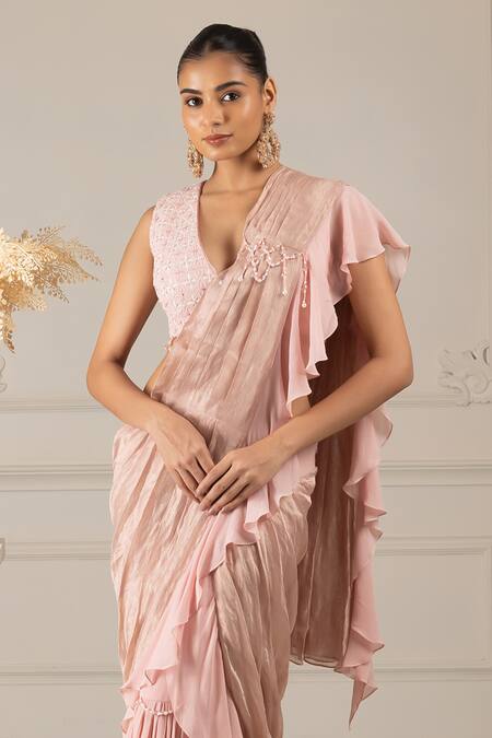 House Of Supriya_Peach Organza, Silk, Georgette Embroidery, Beads Pre-draped Saree With Blouse _Online_at_Aza_Fashions