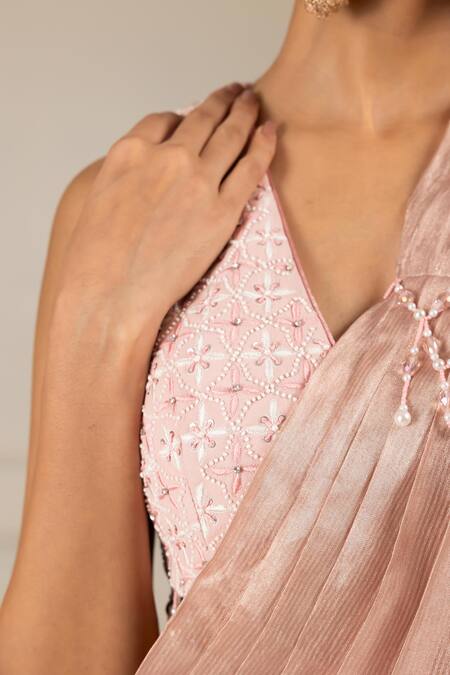 House Of Supriya_Peach Organza, Silk, Georgette Embroidery, Beads Pre-draped Saree With Blouse _at_Aza_Fashions