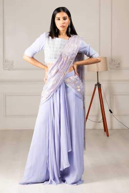 HOUSE OF SUPRIYA Blue Silk Georgette Embroidery Floral Pre-draped Saree With Blouse 