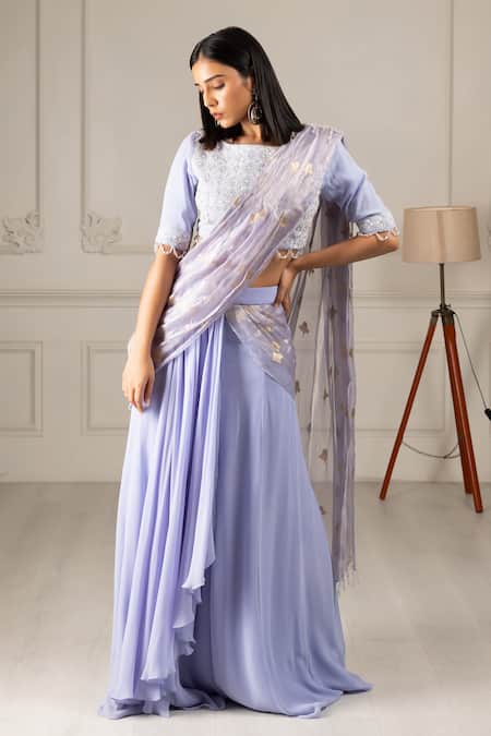 House Of Supriya_Blue Silk, Georgette, Organza Embroidery, Pre-draped Saree With Floral Blouse _Online_at_Aza_Fashions