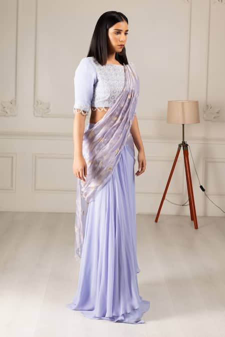 Buy_House Of Supriya_Blue Silk, Georgette, Organza Embroidery, Pre-draped Saree With Floral Blouse _Online_at_Aza_Fashions