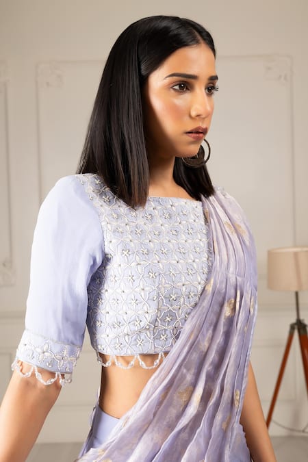 Shop_House Of Supriya_Blue Silk, Georgette, Organza Embroidery, Pre-draped Saree With Floral Blouse _Online_at_Aza_Fashions