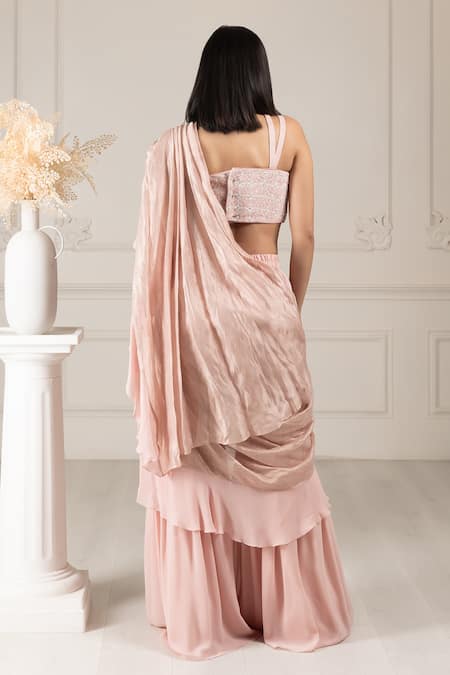 Shop House Of Supriya Peach Organza, Silk Beads, Cut Work, Embroidery Sweetheart Blouse And Sharara Set at Aza Fashions Shop_House Of Supriya_Peach Organza, Silk Beads, Cut Work, Embroidery Sweetheart Blouse And Sharara Set _at_Aza_Fashions