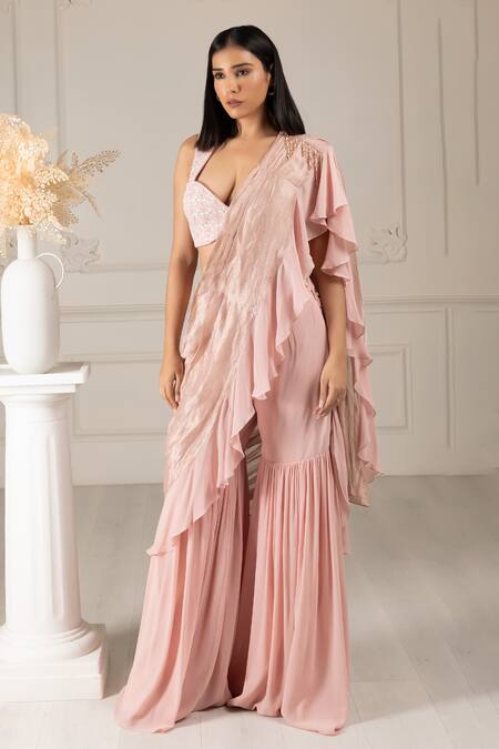 House Of Supriya Peach Organza, Silk Beads, Cut Work, Embroidery Sweetheart Blouse And Sharara Set Online at Aza Fashions House Of Supriya_Peach Organza, Silk Beads, Cut Work, Embroidery Sweetheart Blouse And Sharara Set _Online_at_Aza_Fashions